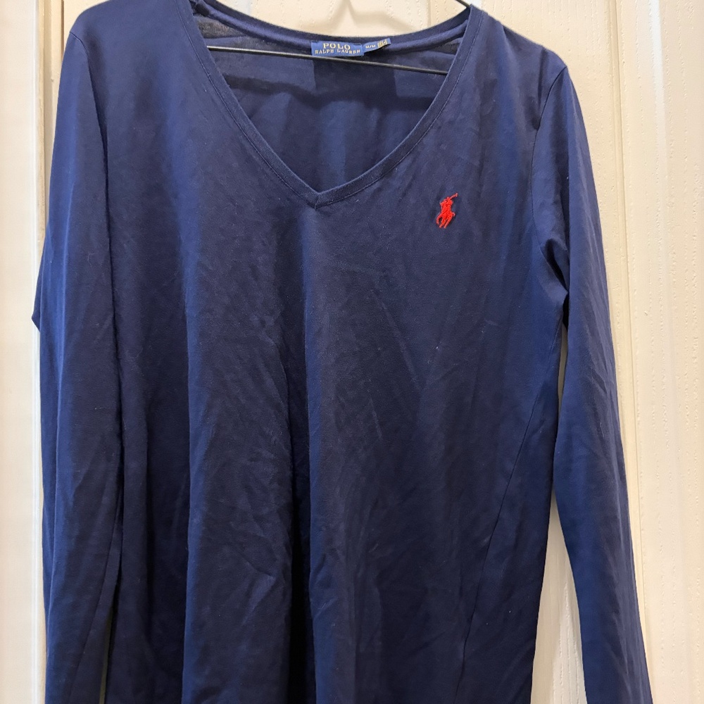 Y2K VINTAGE RALPH LAUREN WOMEN'S LONG SLEEVE TEE - NAVY/WHITE STRIPE